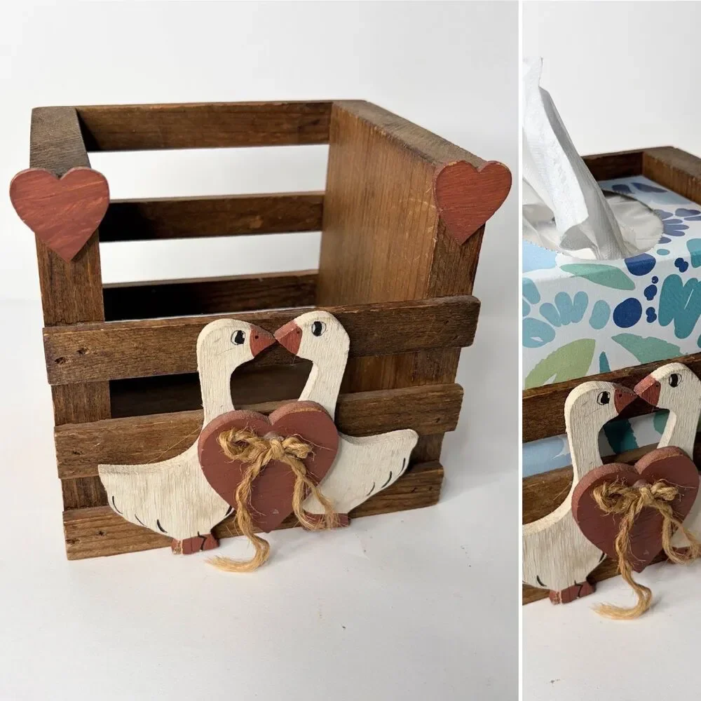 Vintage Geese Goose Heart Tissue Holder Box Crate Cottageccore Grannycore